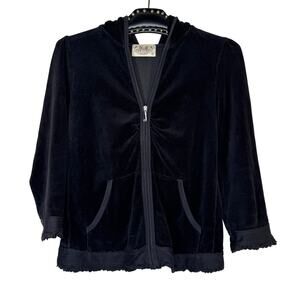 Y2K Juicy Couture Black Velour Track Suit Hooded Jacket 3/4 Sleeve Ruffle Medium